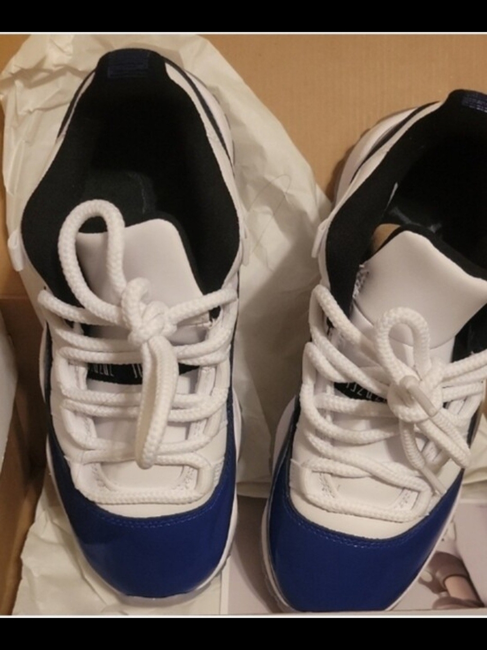 Jordan White and Blue Low Top Sneakers with Black Lining
